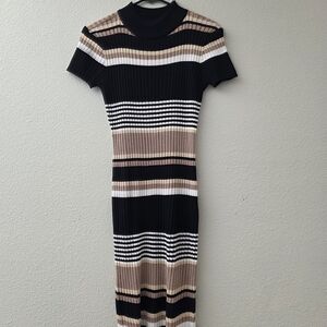 Striped Black and Tan Ribbed Knit Dress